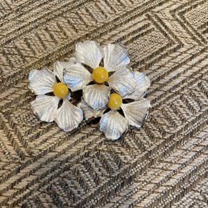 Vintage Kramer pin #98-Enamel flowers with faux yellow pearls/beads